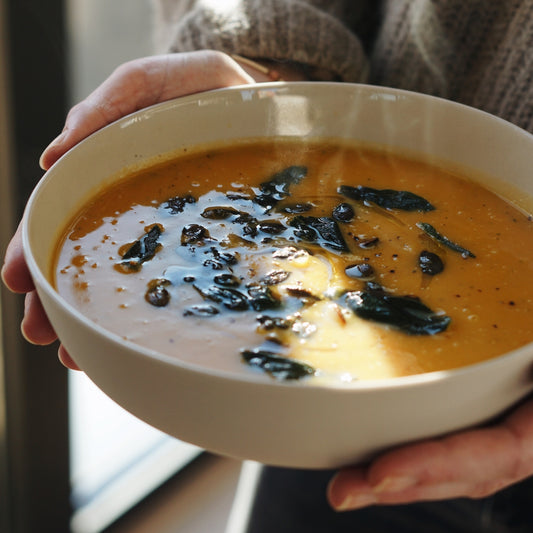 Pumpkin soup with toasted pumpkin seeds and crispy sage